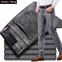 Hommes Stretch Regular Fit Jeans Business Casual Style Classique Mode Denim Pantalon Homme Noir Bleu Gris Pantalon 210716
