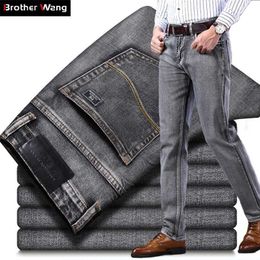 Hommes Stretch Regular Fit Jeans Business Casual Style Classique Mode Denim Pantalon Homme Noir Bleu Gris Pantalon 211104