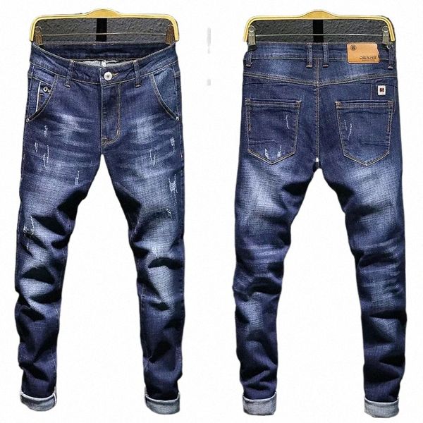 Hommes Stretch Slim Fit Jeans Bleu Foncé Jeans Skinny pour Hommes Casual Rétro Denim Pantalon Style Coréen Streetwear Mâle Marque Pantalon q4Dw #