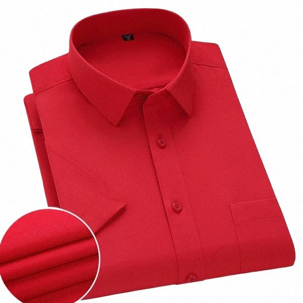 Chemise à manches courtes pour hommes, rayée, unie, été, basique, busin, ajustée, sergé rouge, uni, fête sociale, bureau, mariage, vêtements pour hommes 28U9 #