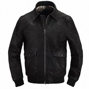 Estilo de los hombres Negro Militar Primavera A2 Chaqueta Tallas grandes 5XL Cuero de vaca natural Otoño Slim Fit Aviati Abrigos de cuero genuino q9R4 #