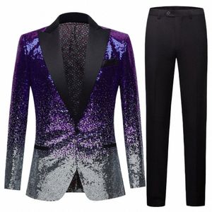 Hommes élégant noir bleu violet deux couleurs paillettes slim fit brillant blazers fête bal scène DJ chanteurs costume veste costume blazer Z2Zj #