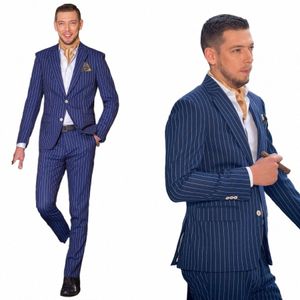 Traje para hombre 2 piezas Blazer Pantalones Chaqueta de esmoquin de un solo pecho Rayas azul marino Trabajo de solapa con pico Trabajo moderno Novio de boda a medida b007 #