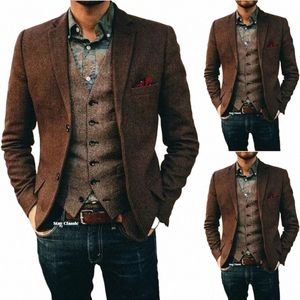 Costume pour hommes Blazer marron Tuxedos de bal Herringbe laine Tweed manteau simple boutonnage deux fesses veste formelle pour mariage/busin 05sD #