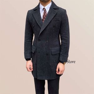 Herenpak met dubbele rij knopen en visgraatmotief, heren, slim fit, vintage, lang warm houden, wollen blazerjassen