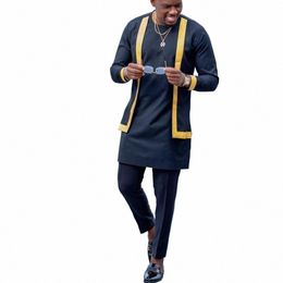 Costume pour hommes Style ethnique Diki Noir Ras du cou Lg Chemise à manches Hommes 2 pièces Ensemble Traditial Mens T-shirt Pantalon Ensemble M-4ML I5um #