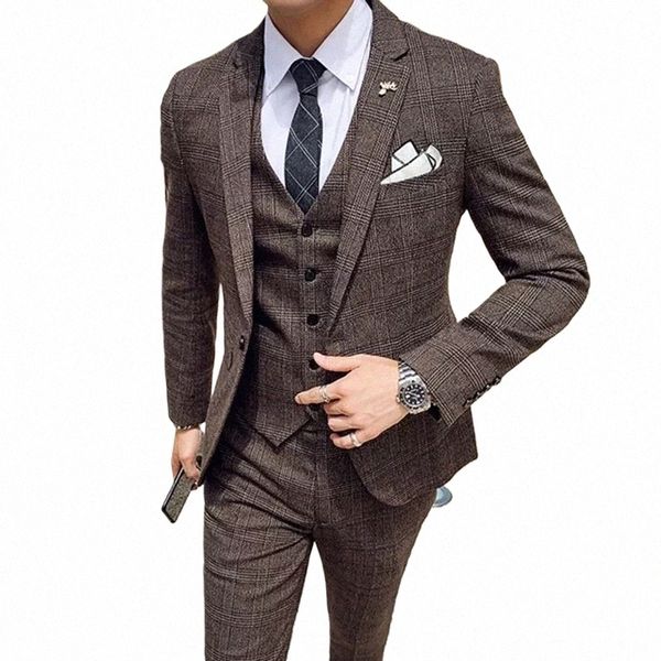 Traje para hombre Chaqueta Chaleco Pantalones Fi Boutique Plaid Casual Busin Hombre Novio Boda Tuxedo Dr 3 Piezas Conjunto Blazers Abrigo 86Ym #