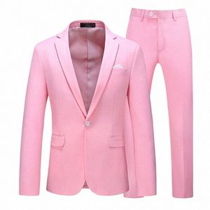 Veste de costume pour hommes avec pantalon Slim Fit Vêtements formels Busin Travail Mariage Tuxedo Set Blazer Pantalon Blanc Rose Rouge Costumes Homme V3MJ #