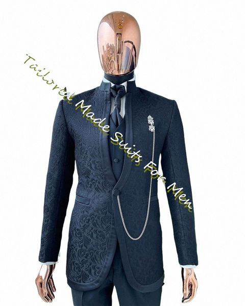 Costume pour hommes Soirée de luxe Dres pour marié 2023 Slim Fit Black Jacquard Blazers Ensembles 3 pièces Busin Social Vêtements formels M4ZE #