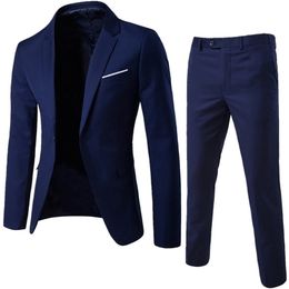 Men's Suit Mâle 2 pièces/ensemble grande taille vêtements hommes Blazers costume ensembles couleur unie à manches longues revers bouton mince affaires Blazer costume 220527