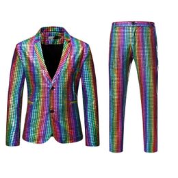 Traje de hombre Rainbow Stage Wear Plaid Stamping Stage Nightclub Cool Show Trajes brillantes Camisa de pulgadas Pantalones de baile Dos piezas Tamaño EUR