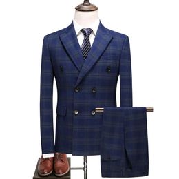 Conjunto de traje para hombre, vestido de boda Formal de negocios, esmoquin azul para novio, traje ajustado con doble botonadura, conjunto de traje para hombre, chaqueta para hombre, pantalones Ve308K