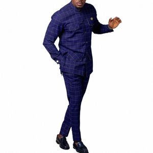 Costume de smoking pour hommes, col montant, haut à carreaux, pantalon, simple boutonnage, Diki, mariage, ensemble 2 pièces, vêtements traditionnels africains, V1E2 #