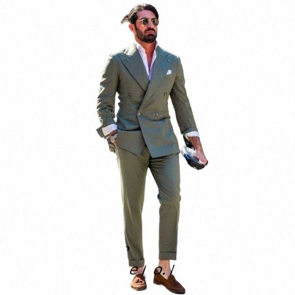 Traje para hombres de dos piezas de color sólido de doble botonadura Fi Spike Lapel Slim Fit pantalones recortados Casual Busin trajes de fiesta 2023 I6gP #