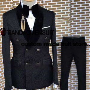 Mannen Pak Tweedelige Bruiloft Smoking Bruidegom Double Breasted Jas Set Jacquard Formele Revers Blazer Broek Conjuntos De Chaqueta