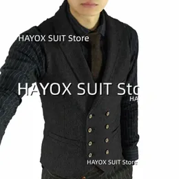 Gilet de costume pour hommes, veste à manches en laine à chevrons à double boutonnage, gilet de fête pour garçons d'honneur de mariage l0ME #