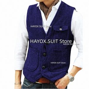 Gilet de costume pour hommes Herringbe col en V simple boutonnage Tweed Vintage veste à manches Gentleman Busin Chalecos mariage C3ZQ #