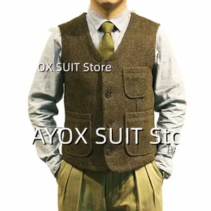 Traje de hombre Chaleco de un solo pecho con cuello en V Multi bolsillo Herringbe Sleevel Chaquetas Steampunk Wedding Prom Chalecos 90Vx #