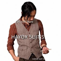 Costume pour hommes Gilet simple boutonnage col en V Vintage laine manches veste Steampunk mariage marié Chalecos q2WC #