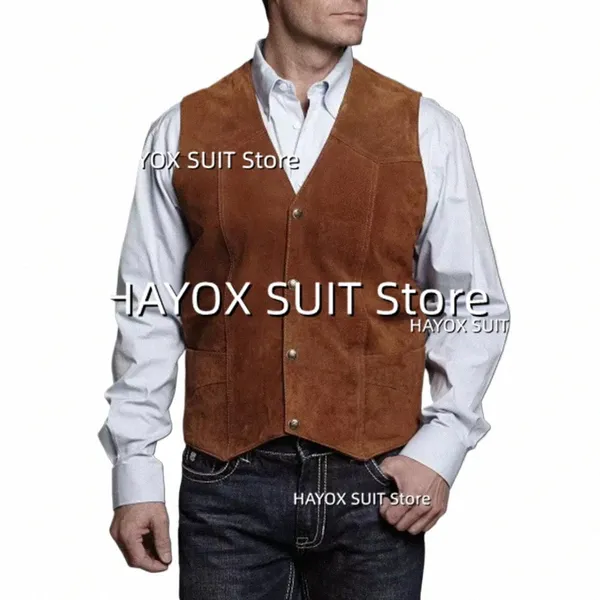 Gilet de costume pour hommes, coupe cintrée, col en V, simple boutonnage, en cuir suédé, Busin Steampunk, gilet de marié de mariage h8d8 #