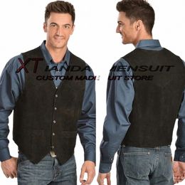 Costume pour hommes Gilet en daim Western Denim Style Col en V Vintage Veste à manches Steampunk Gilet Colete masculino 99bg #