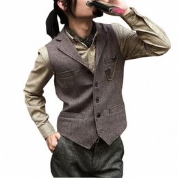 Costume pour hommes Gilet Laine Tweed Veste Rétro Slim Fit Manches Steampunk Gilet chaleco hombre 63Yp #