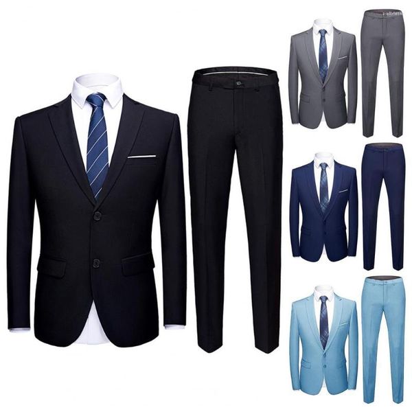 Trajes para hombres 1 juego Blazer para hombre Pantalones Color sólido Cuello vuelto Traje Abrigo Pantalones Slim Fit Manga larga Dos botones Formal para boda