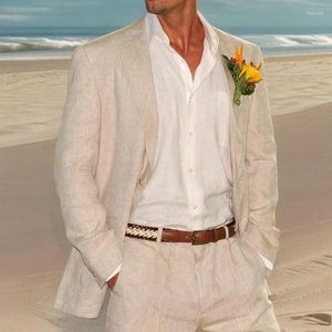 Men's Suits 2 Piece Linen Beach For Men Beige Summer Groom Tuxedo American Style Male Fashion Jacket With Pants In Stock 2023