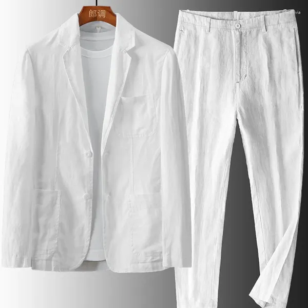 Costumes pour hommes 2 pièces lin coton poche blanc noir pour décontracté formel hommes costume vêtements veste style mince au printemps et en été