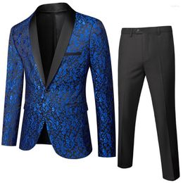 Costumes pour hommes 2 pièces ensemble bleu et jaune élégant assemblage pantalon marque Slim-fit bouton unique fête costume d'affaires formel