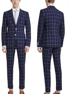 Herenpakken 2 stuks Heren Navy Check Plaid Tuxedos Formele bruidegom trouwjurkpakken (Blazer -broek)