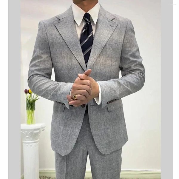 Costumes pour hommes 2 pièces revers cranté lin simple boutonnage décontracté mariage affaires peut personnalisé (Blazer pantalon)