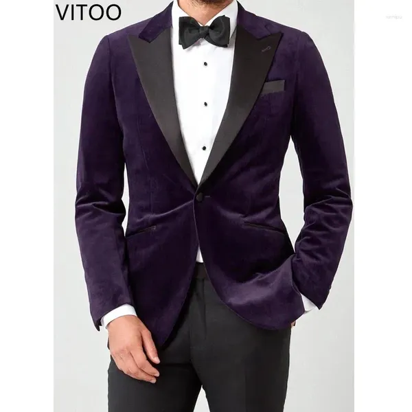 Trajes para hombre, 2 piezas de traje informal de terciopelo morado con pantalones negros, modelo delgado, esmoquin para novio de boda, chaqueta de recepción para cena a la moda