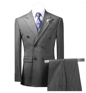 Herenpakken 2 stuks Pak Mens Striped Business Graig Bruidegom Tweed Wool Brown Tuxedos voor avondhuwelijk (Blazer Pants)
