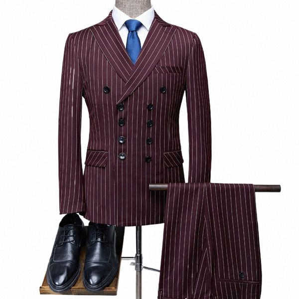 Costumes pour hommes 2 pièces Vintage Double boutonnage Costume Noir Rouge Stripe Terno Slim Fit Grand Revers Mariage Marié Tuxedo Tailcoat Hommes v4rY #