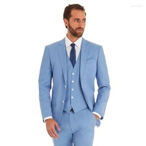 Costumes pour hommes 2022 Custom Made Notch Revers Mens Slim Fit Groom Homme Mariage Groomsmen Robes De Pièces Deux Boutons Bleu Ciel Mode