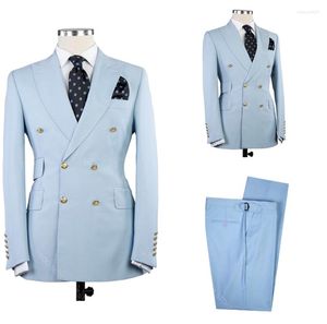 Herenpakken 2022 Spring Sky Blue Men Slim Fit 2-delige/dubbele rijzers Blazer Mens kleding/bruiloft Bruidegom Kostuum Homme/mannelijke set-voeding