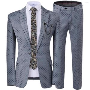 Herenpakken 2023 2 stuks heren trouwpak stippen gedrukte slanke fit notch rapel tuxedos grijs (blazer broek)