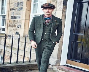 Costumes pour hommes 2023 Army2023 Green Vintage Men's Herringbone Suit Wool 3 Pieces Two Button British Leisure Tuxedos