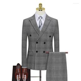 Costumes pour hommes 2023 Arrivée Printemps Plaid Casual Double boutonnage Hommes Robe de mariée Vestes Pantalons Gilet 8012