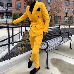 Costumes pour hommes 2023 Arrivée Jaune Double Boutonnage De Mariage Pour Hommes Slim Fit 2 Pièces Marié Tuxedos Sur Mesure Fête De Bal