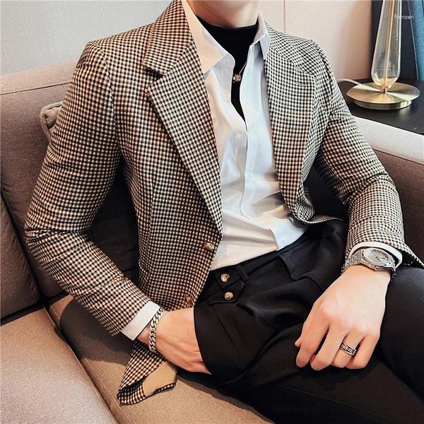 Trajes para hombres 2023 Otoño Invierno Mezclas de lana Blazers Hombres Plaid Casual Slim Traje Chaqueta Británico Negocio Social Vestido Abrigo Boda Cortavientos