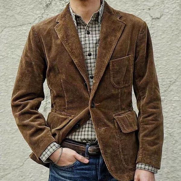 Trajes para hombre, chaquetas de abrigo de otoño e invierno, informal de pana con hombreras, marca de moda, chaqueta lisa de manga larga, modelo 2023