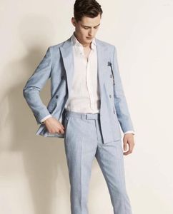 Costumes pour hommes 2023 bleu lin hommes costume marié smoking sur mesure mariage personnalisé Double boutonnage mâle Blazer 2 pièces (veste pantalon)