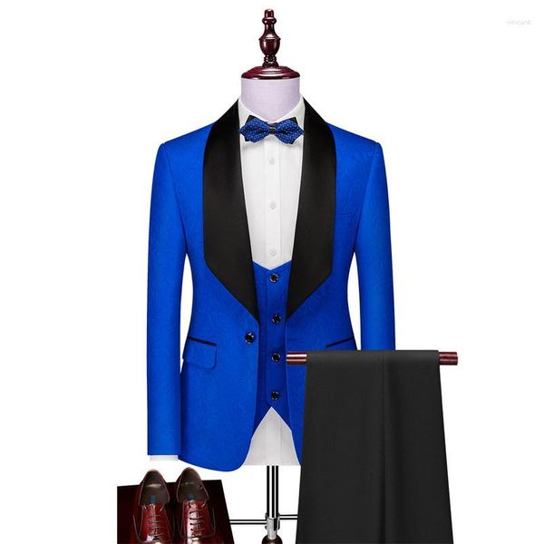 Costumes pour hommes 2023 marque hommes bleu Royal/noir marié Tuxedos châle Satin revers garçons d'honneur mariage mâle (veste pantalon gilet cravate)