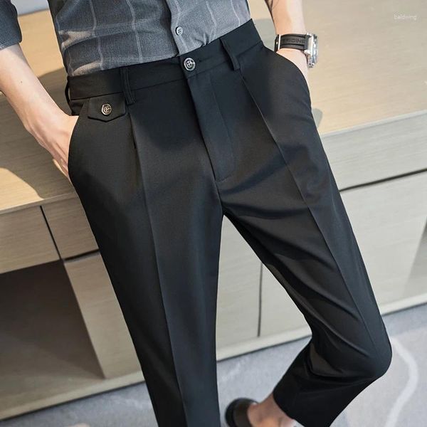 Costumes pour hommes 2023 Pantalon de costume d'affaires décontracté pour hommes Soie glacée Respirant Longueur de la cheville Slim Bureau Social Pantalon de marié de mariage