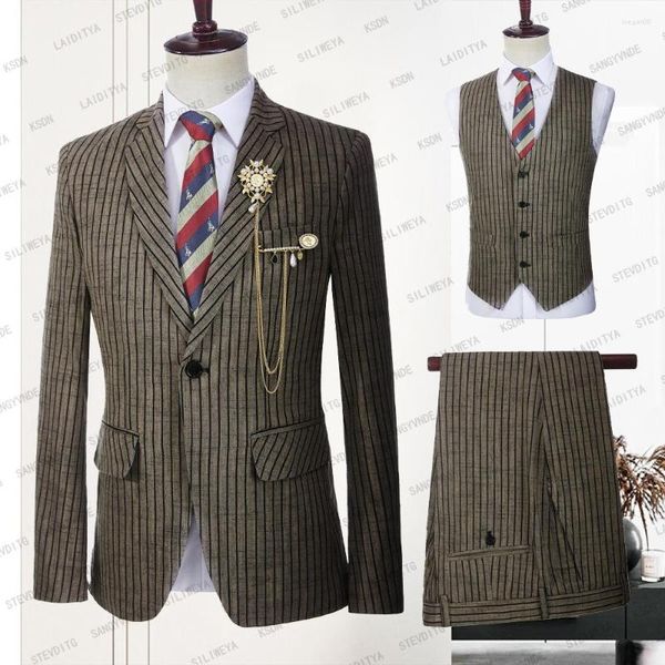 Costumes pour hommes 2023 affaires pour hommes Slim Fit mariage marié marron clair lin noir rayure smoking formel mâle 3 pièces ensemble Blazer gilet pantalon