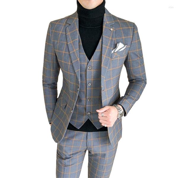 Costumes pour hommes 2023 Costume à carreaux décontracté hommes mode gris bleu vin-rouge travail affaires Slim Fit hommes Costume Homme 3 pièces Blazers pantalon gilet