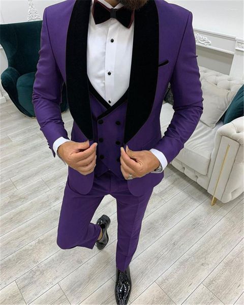 Trajes para hombres 2023 Casual Púrpura Hombres de Negocios Traje 3 Piezas Vestido Masculino Personalizado Novio Boda Esmoquin Negro Terciopelo Solapa Blazer Chaleco Pantalones