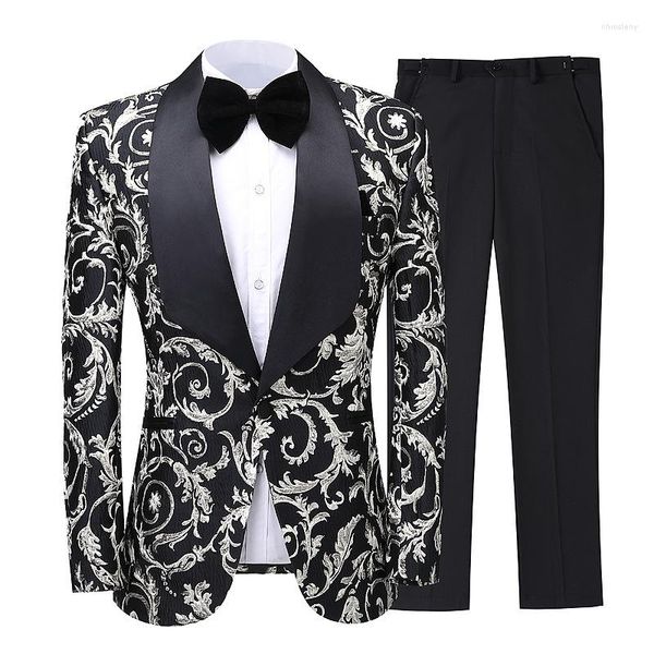 Costumes pour hommes 2023 Costume Homme Noir Argent Floral Hommes Terno Slim Fit Party Mariage Tuxedo Pour Marié Formel Homme Blazer